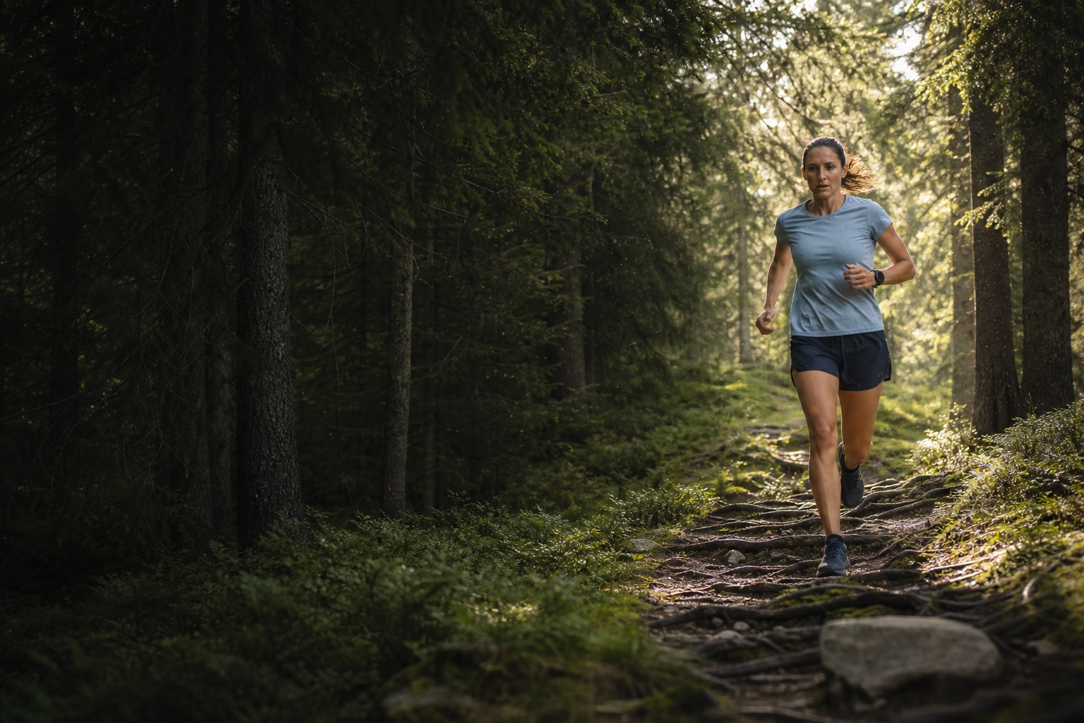 Trailrunnerin auf einem Wurzelpfad im Bergwald