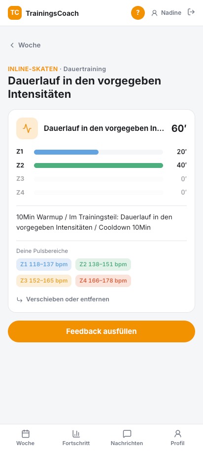 TrainingsCoach-App: Trainingseinheit mit Minuten pro Zone, persönlichen Pulsbereichen und Feedback-Button