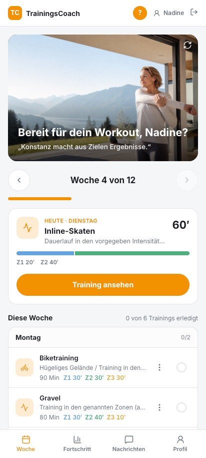 TrainingsCoach-App: Wochenübersicht mit heutiger Einheit und Zonen-Minuten