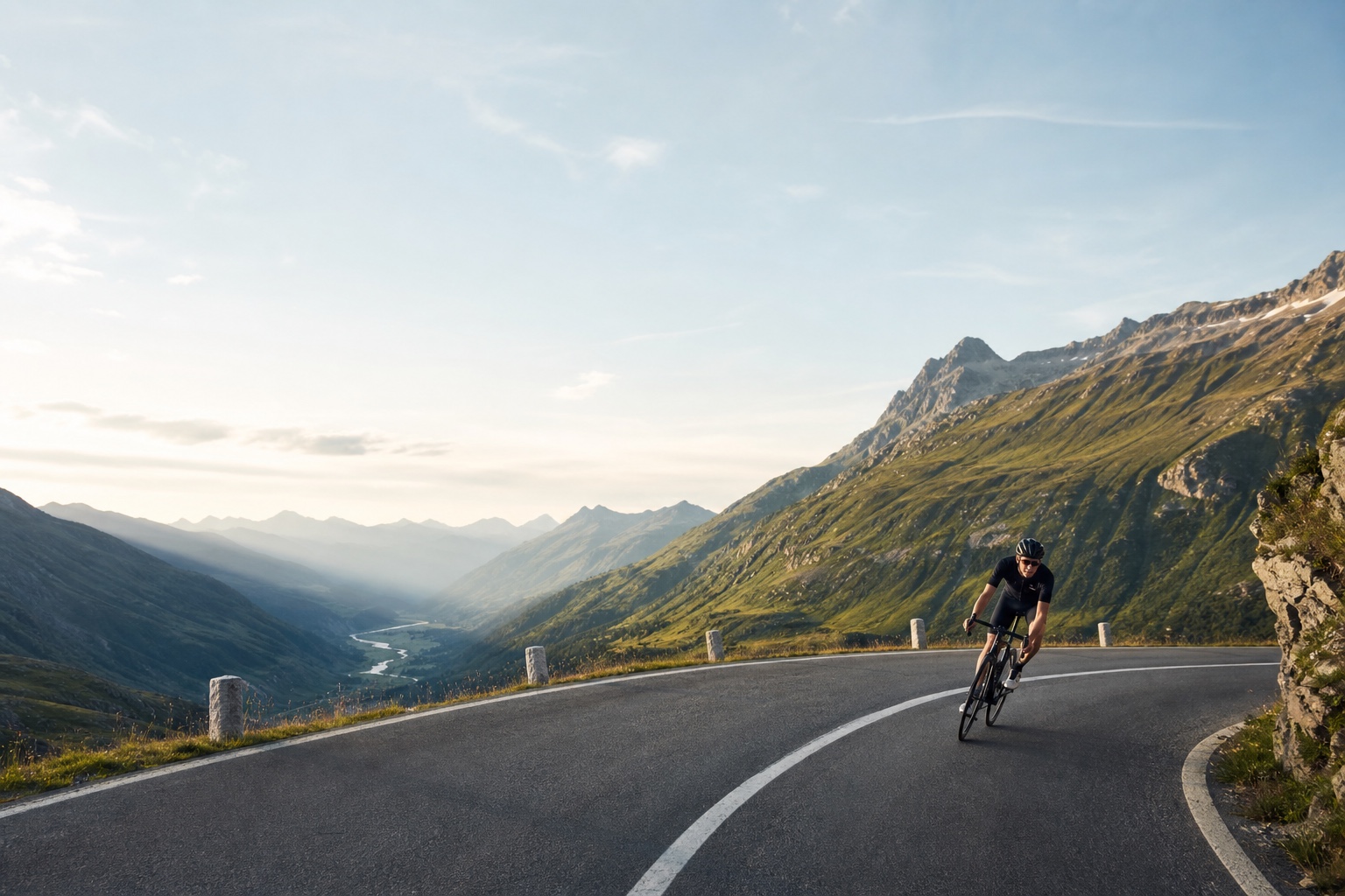 Rennradfahrer in einer Passstrassen-Kurve mit Blick über die Berge